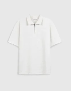 Polo zippé blanc jacquard carreaux Homme
