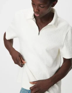 Polo zippé blanc jacquard carreaux Homme