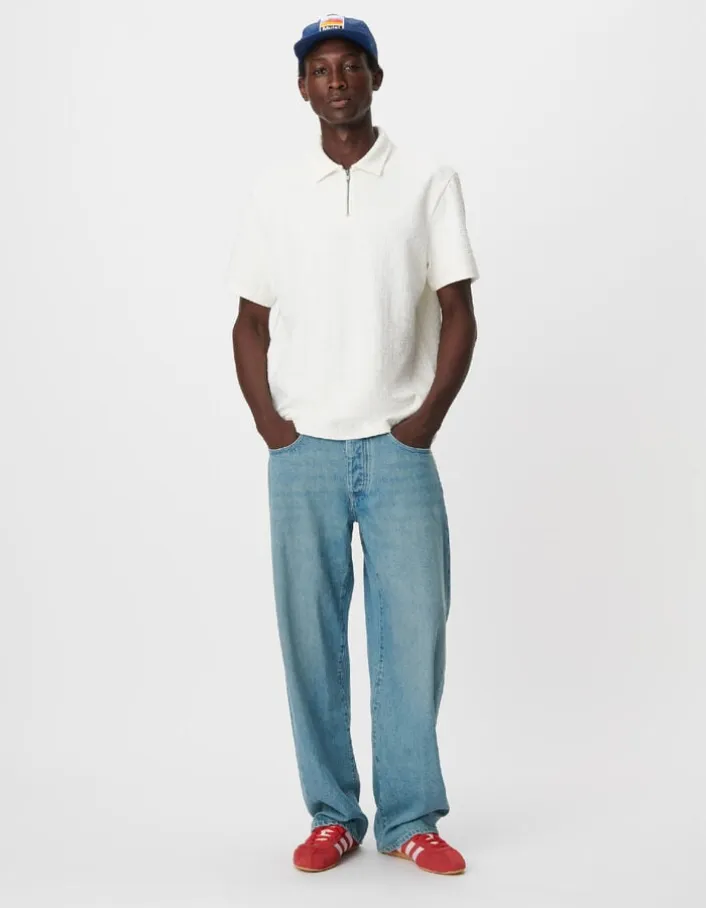 Polo zippé blanc jacquard carreaux Homme