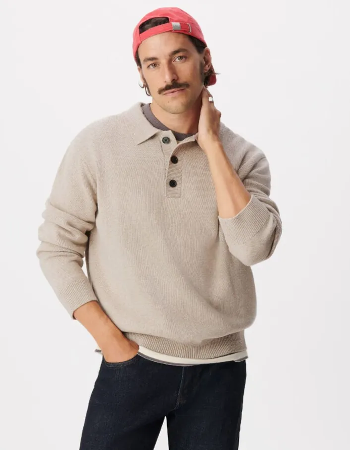 Pull beige tricot col polo boutonné Homme