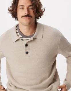 Pull beige tricot col polo boutonné Homme