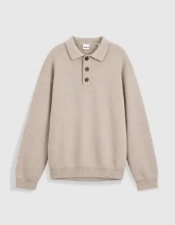 Pull beige tricot col polo boutonné Homme