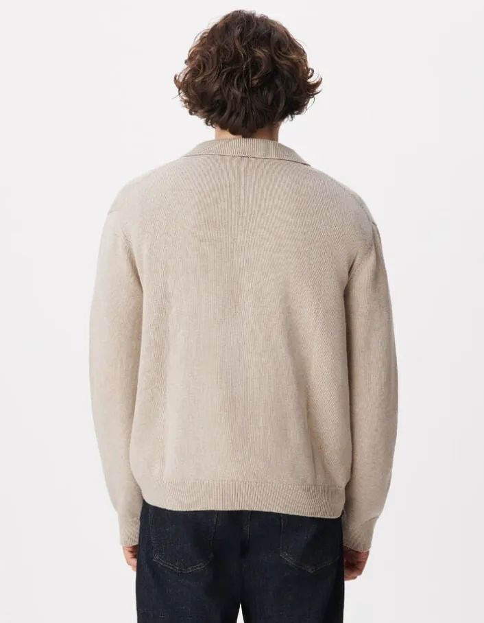Pull beige tricot col polo boutonné Homme