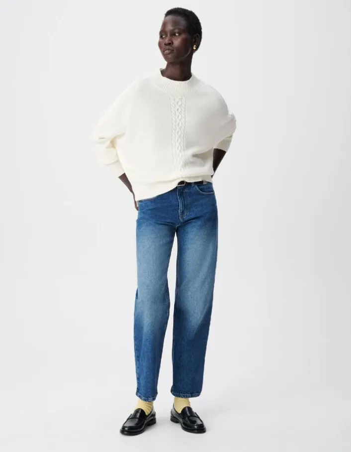 Pull blanc tricot 100% laine motif torsades Femme
