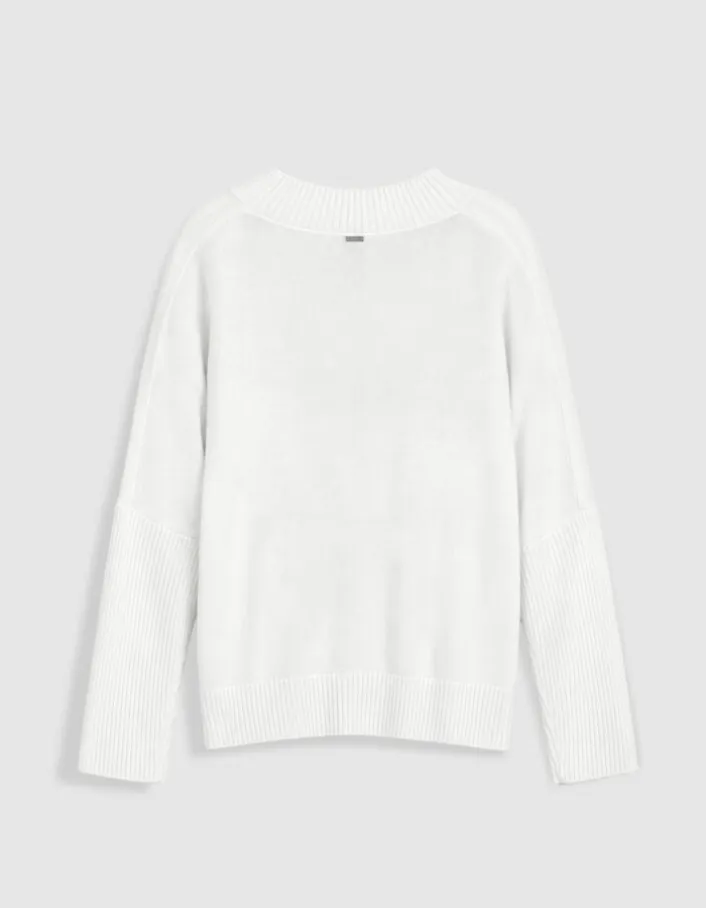 Pull blanc tricot 100% laine motif torsades Femme