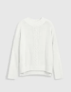 Pull blanc tricot 100% laine motif torsades Femme