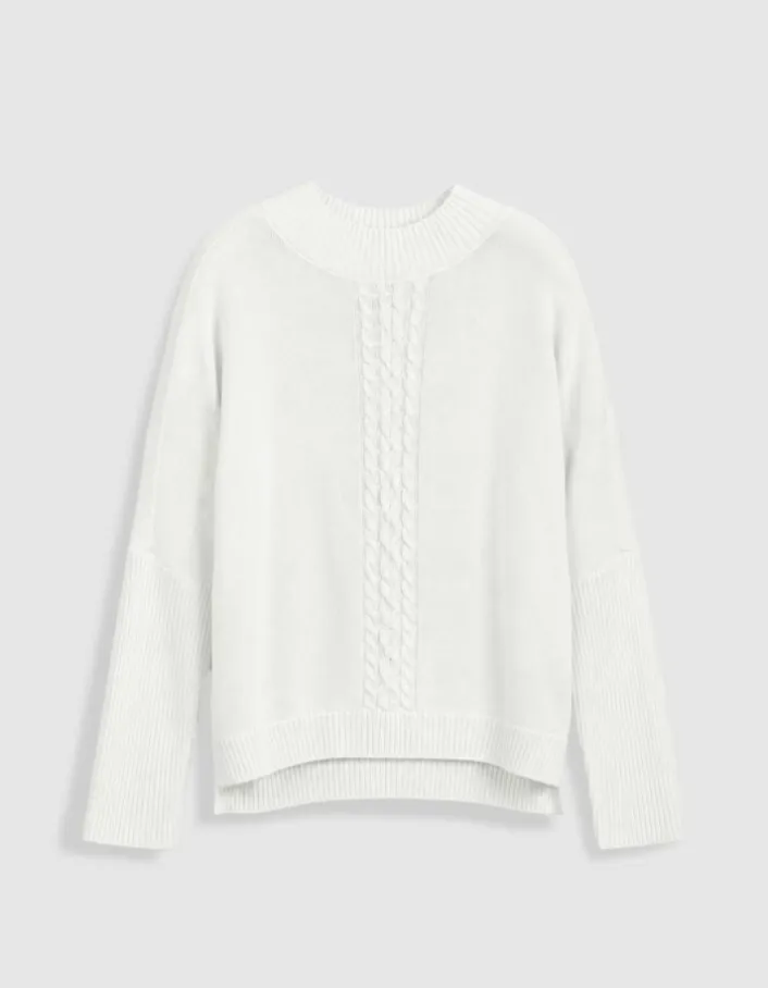 Pull blanc tricot 100% laine motif torsades Femme