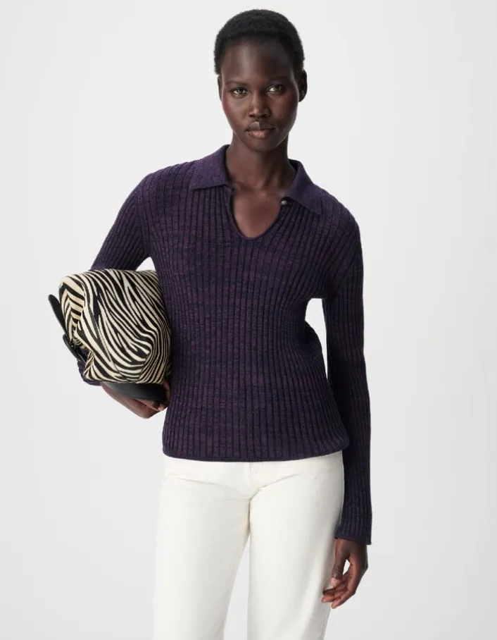 Pull bordeaux et noir tricot mouliné goutte devant Femme