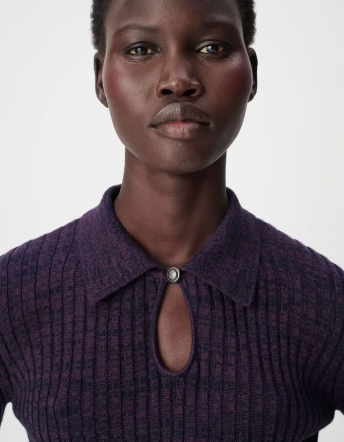 Pull bordeaux et noir tricot mouliné goutte devant Femme