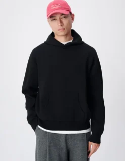 Pull capuche noir tricot poche kangourou Homme