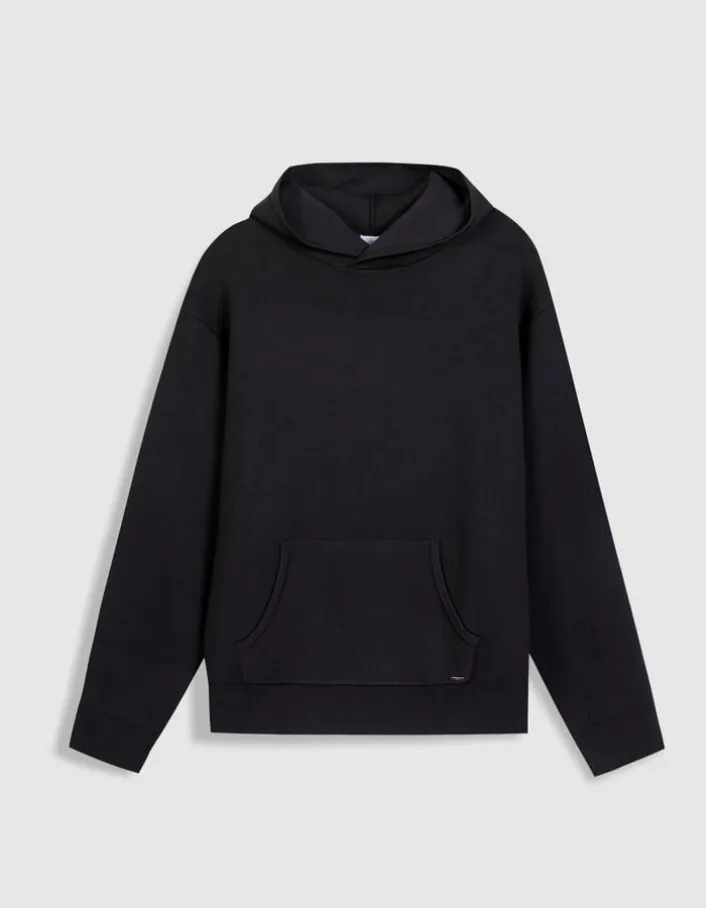 Pull capuche noir tricot poche kangourou Homme