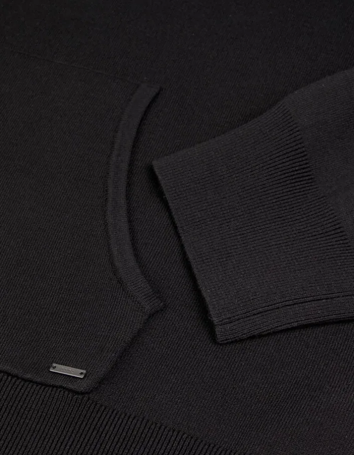 Pull capuche noir tricot poche kangourou Homme