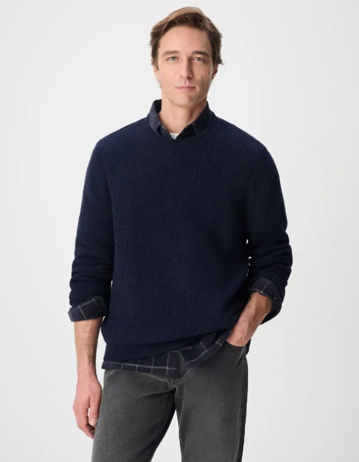 Pull col bateau marine clair tricot mousseux Homme