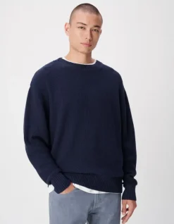 Pull col bateau marine tricot nid d'abeille Homme
