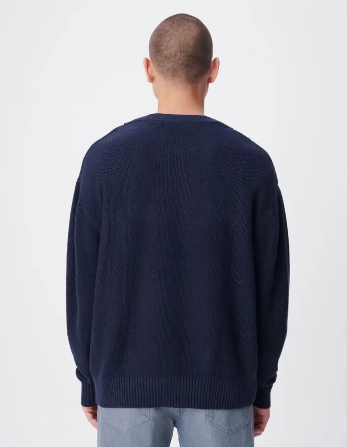 Pull col bateau marine tricot nid d'abeille Homme