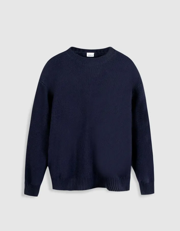 Pull col bateau marine tricot nid d'abeille Homme