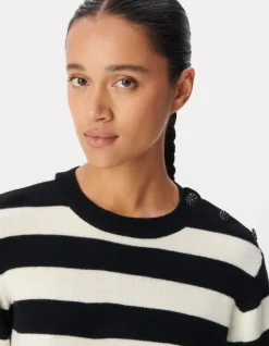 Pull col boutonné noir tricot laine motif rayures Femme