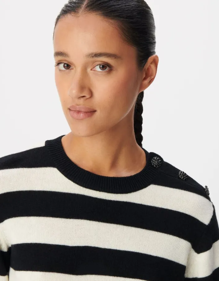 Pull col boutonné noir tricot laine motif rayures Femme