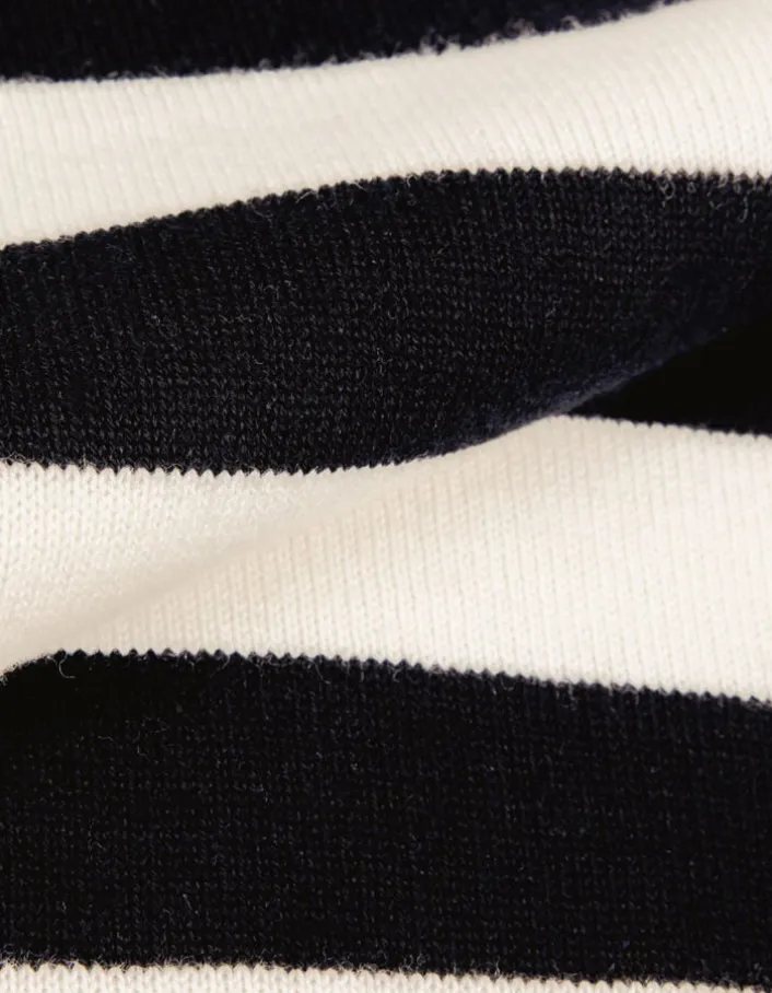 Pull col boutonné noir tricot laine motif rayures Femme