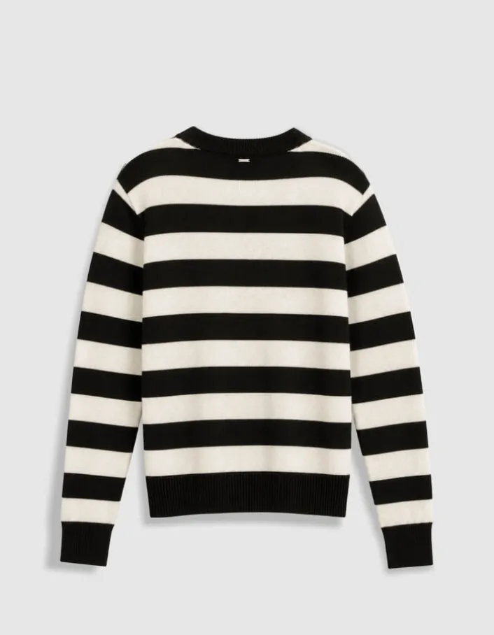 Pull col boutonné noir tricot laine motif rayures Femme