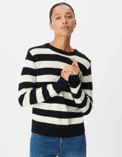 Pull col boutonné noir tricot laine motif rayures Femme