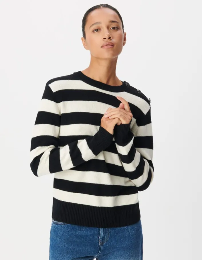 Pull col boutonné noir tricot laine motif rayures Femme