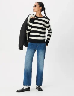 Pull col boutonné noir tricot laine motif rayures Femme