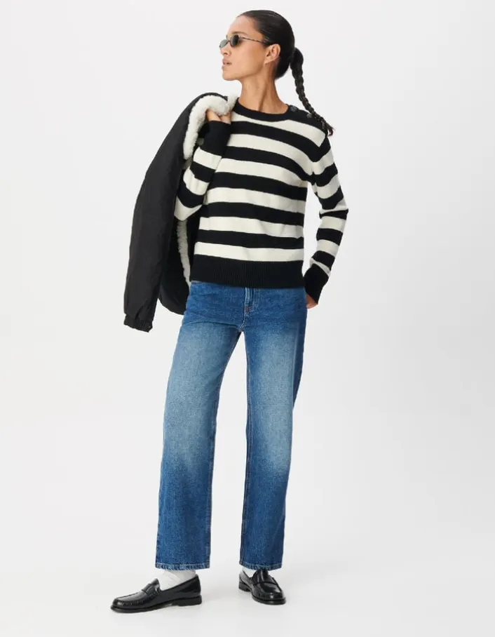 Pull col boutonné noir tricot laine motif rayures Femme
