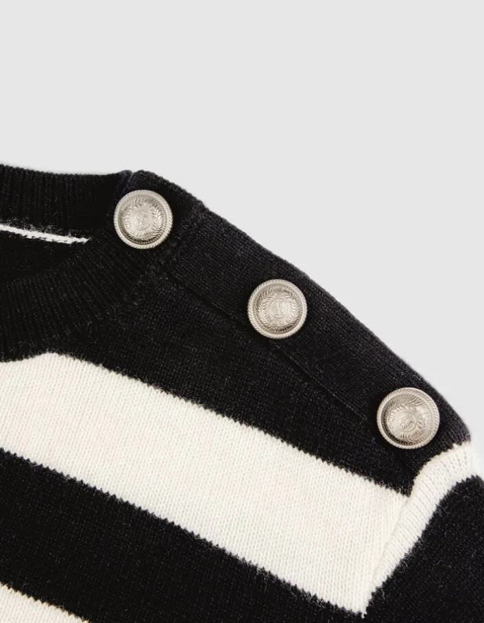 Pull col boutonné noir tricot laine motif rayures Femme