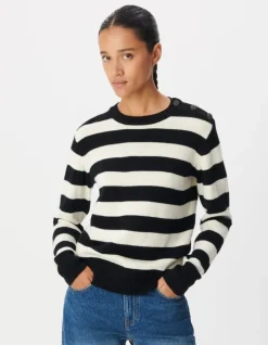 Pull col boutonné noir tricot laine motif rayures Femme