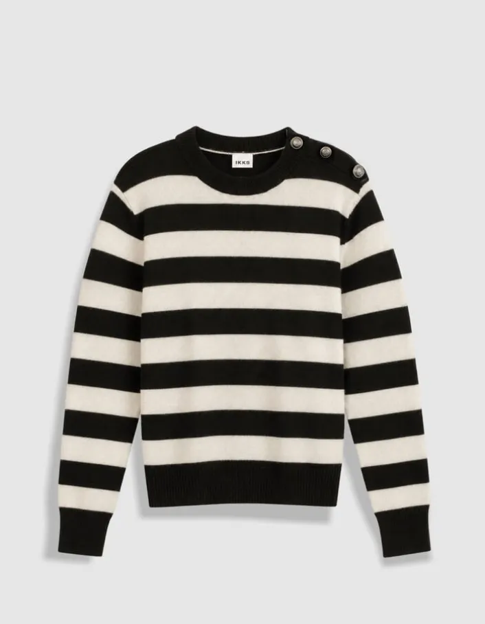 Pull col boutonné noir tricot laine motif rayures Femme