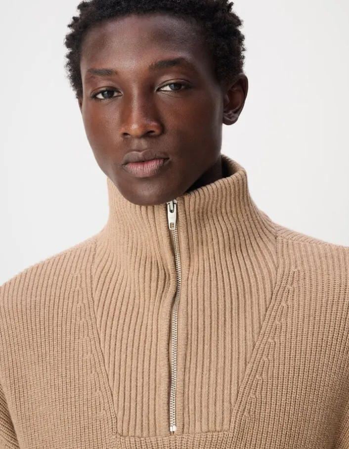 Pull col camionneur camel tricot côtelé Homme