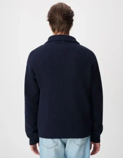 Pull col camionneur marine tricot côtelé Homme