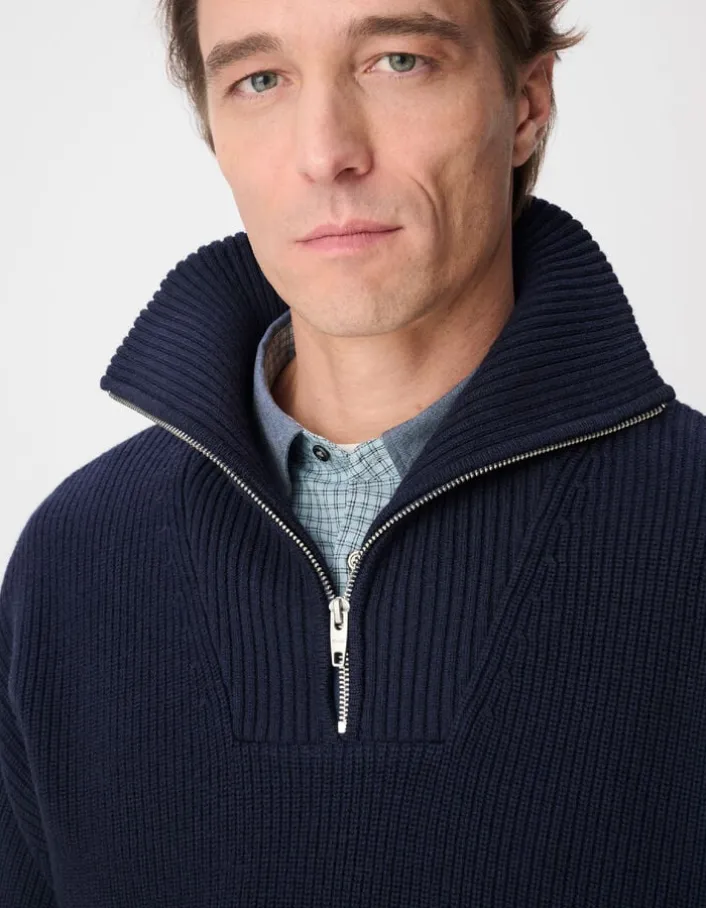 Pull col camionneur marine tricot côtelé Homme