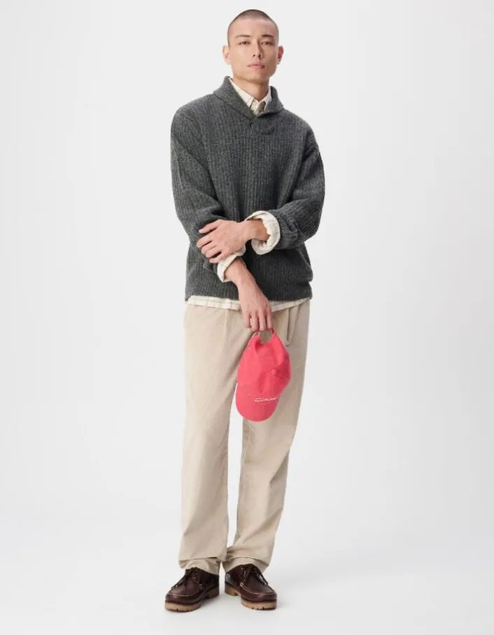 Pull col châle gris tricot à grosses côtes Homme