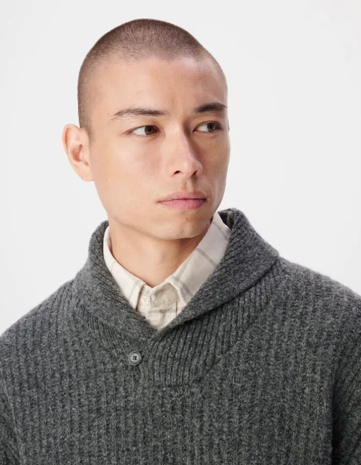 Pull col châle gris tricot à grosses côtes Homme