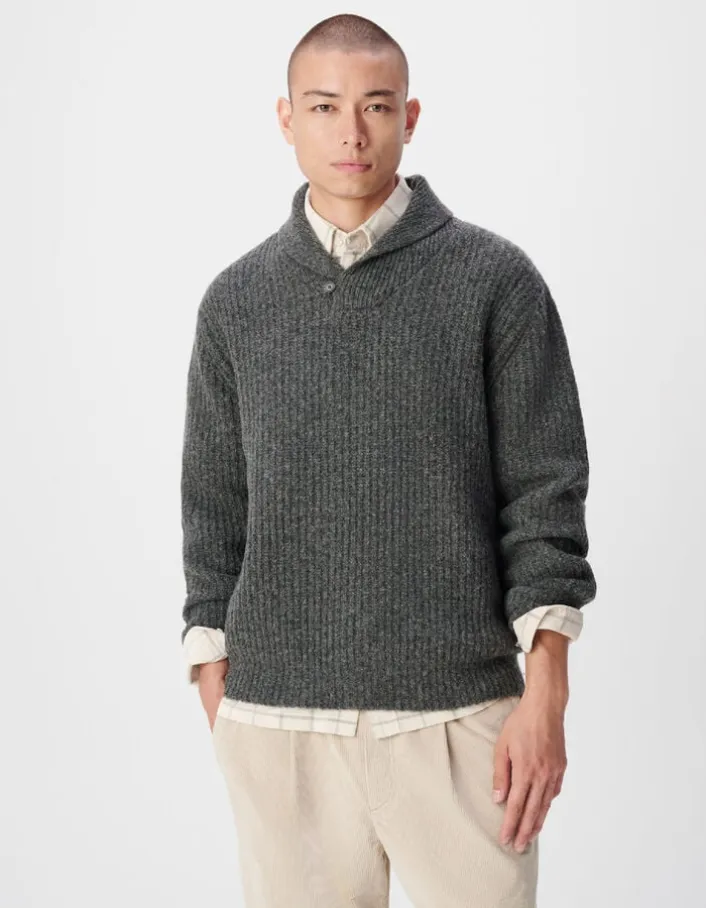 Pull col châle gris tricot à grosses côtes Homme