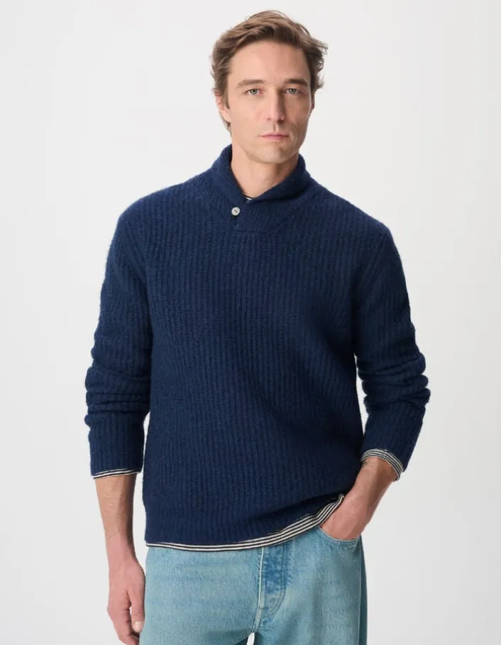 Pull col châle marine tricot à grosses côtes Homme