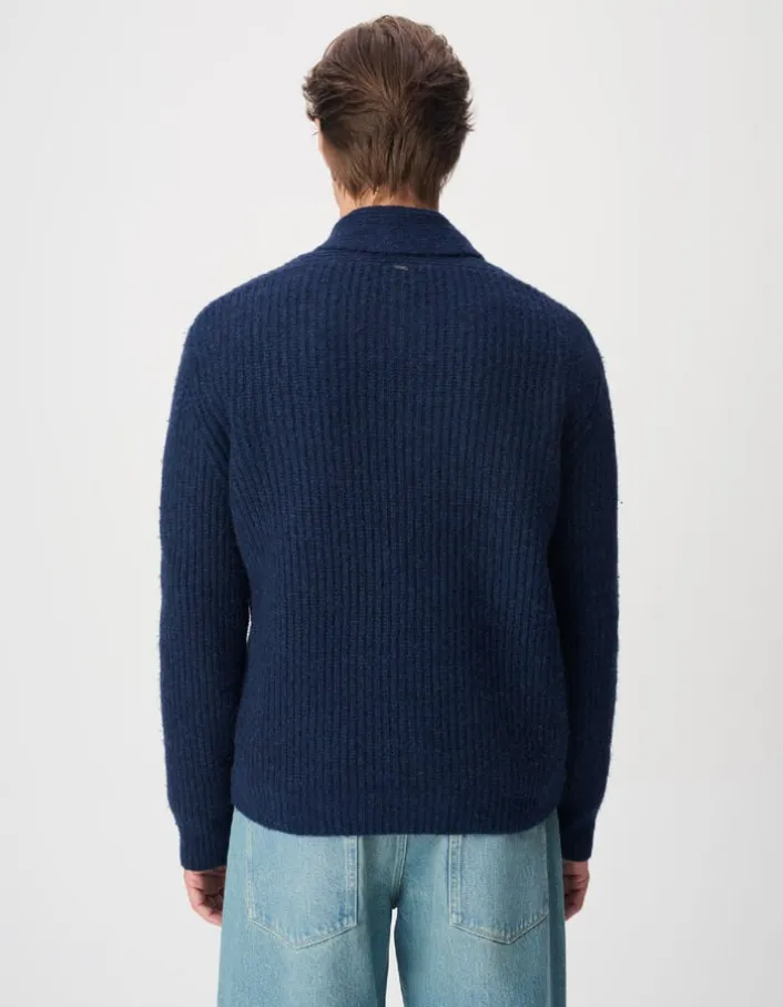 Pull col châle marine tricot à grosses côtes Homme