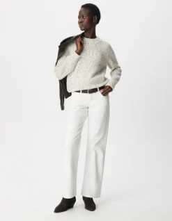 Pull col montant beige tricot mouliné Femme