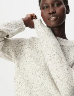 Pull col montant beige tricot mouliné Femme