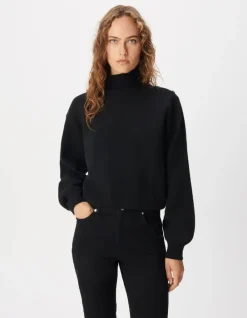 Pull col montant noir tricot boutons strass épaules Femme
