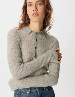 Pull col polo gris tricot côtelé Femme