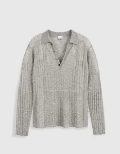 Pull col polo gris tricot côtelé Femme