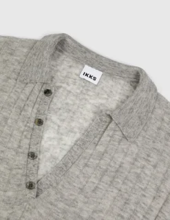 Pull col polo gris tricot côtelé Femme