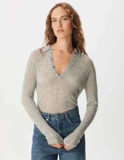 Pull col polo gris tricot côtelé Femme