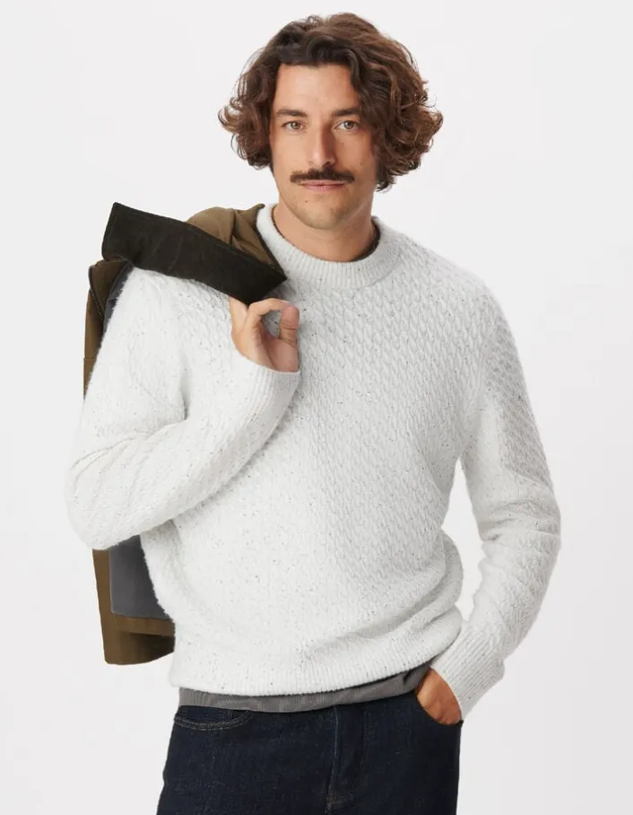 Pull col rond blanc chiné tricot avec torsades Homme