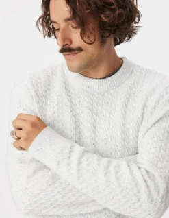 Pull col rond blanc chiné tricot avec torsades Homme