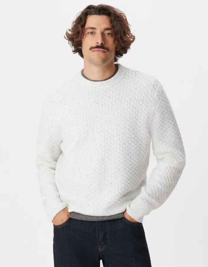 Pull col rond blanc chiné tricot avec torsades Homme