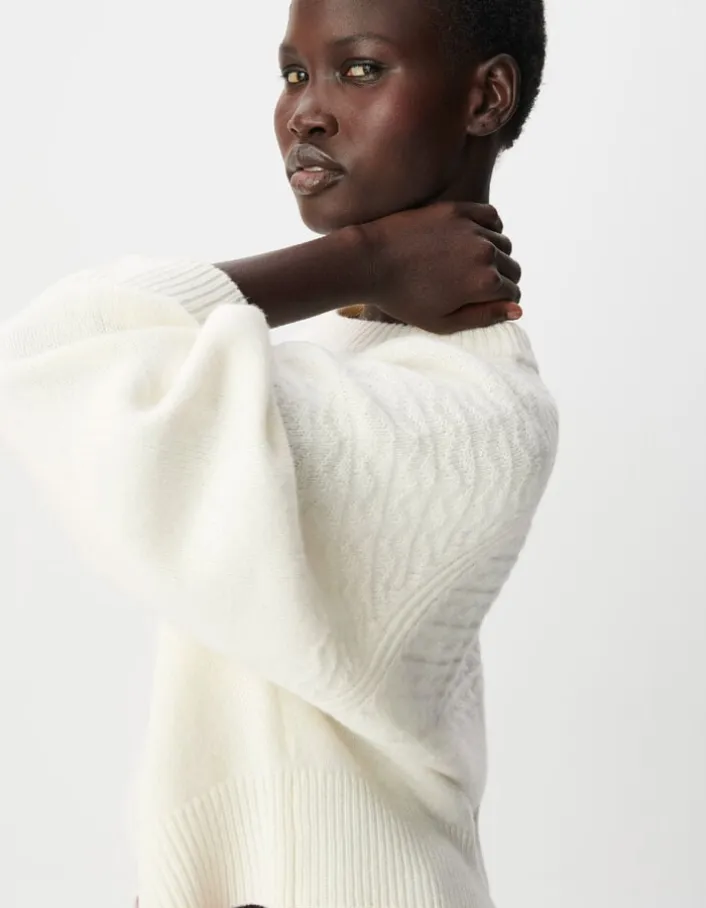 Pull col rond blanc tricot points fantaisie Femme